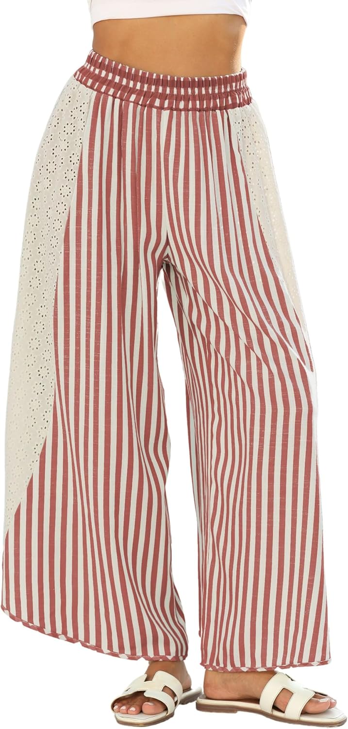 Athlisan Womens Summer Casual Loose Striped Wide Leg Pants
