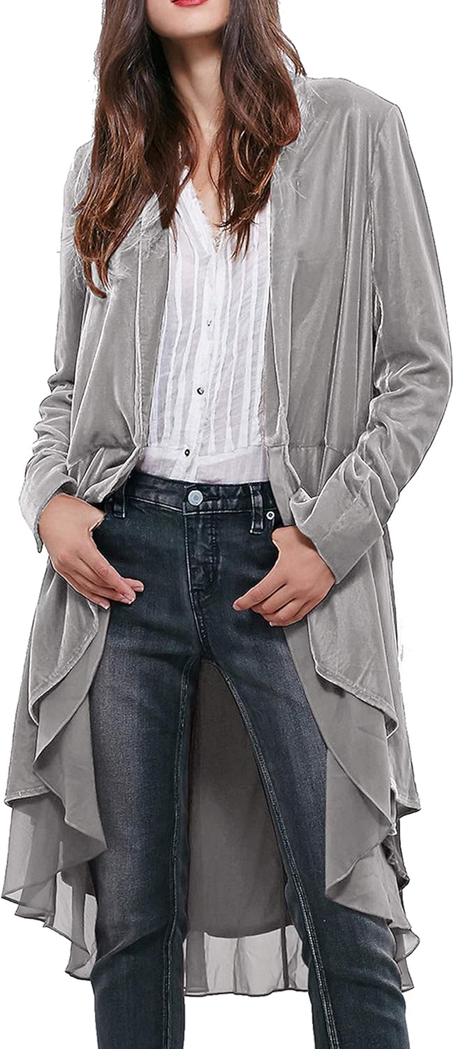 Ruffled Asymmetric Long Velvet Blazers Coat for Women