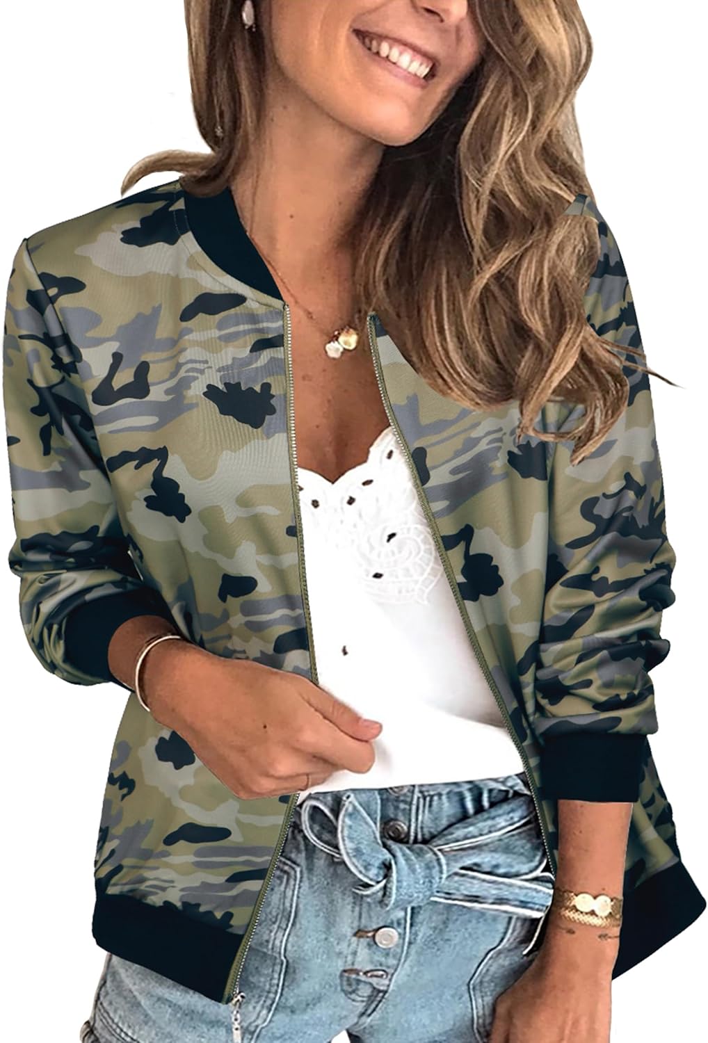 ECOWISH Women's Casual Floral Zip Up Bomber Jacket Coat