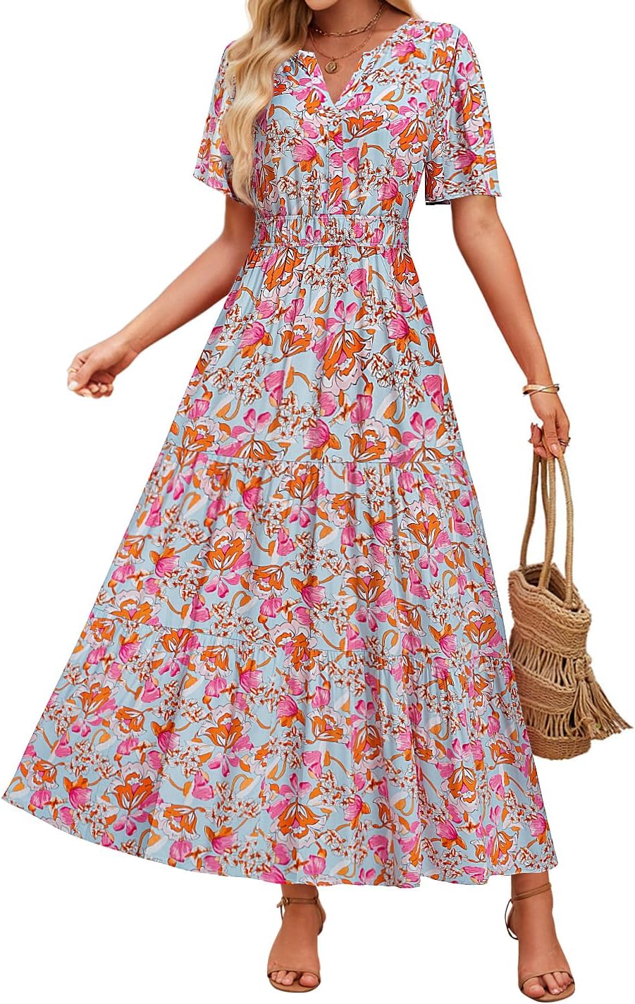 ZESICA Women's Summer Floral Print V Neck Boho Maxi Dress