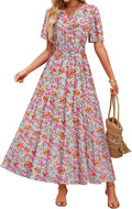 Women's Floral Short Sleeve Maxi Dress with V Neck Design