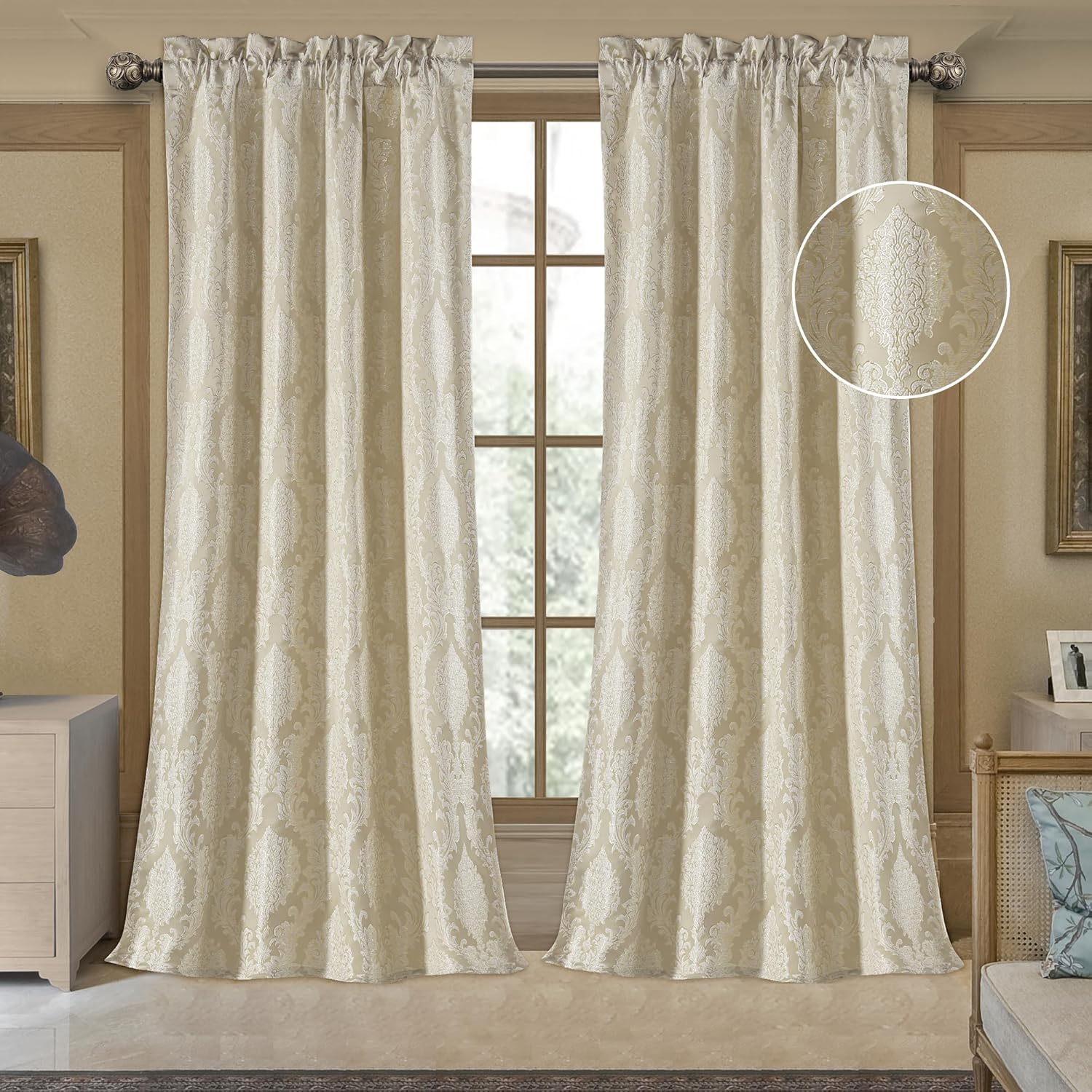 Elegant Beige Damask Curtains Set - Holiday Ready!