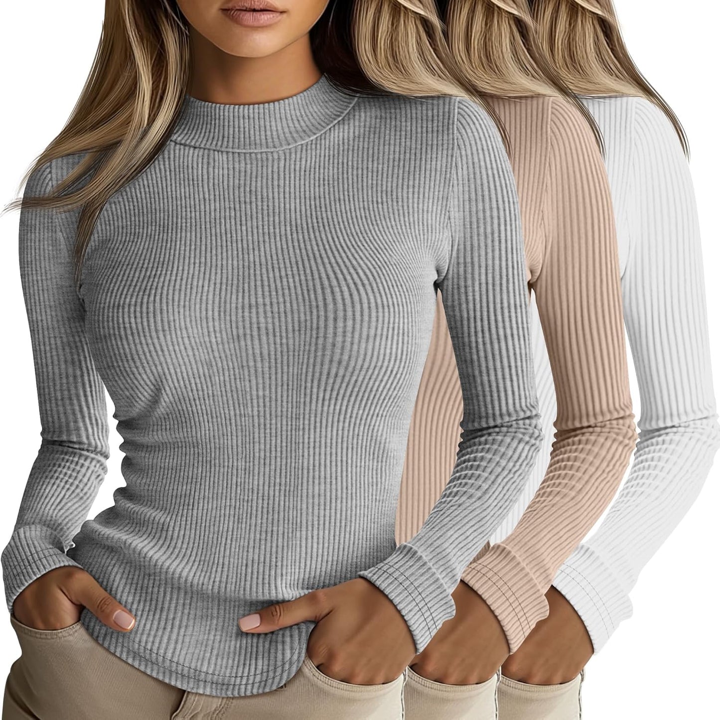 Riyiper 3 Pack Women's Ribbed Mock Turtleneck Long Sleeve Tops