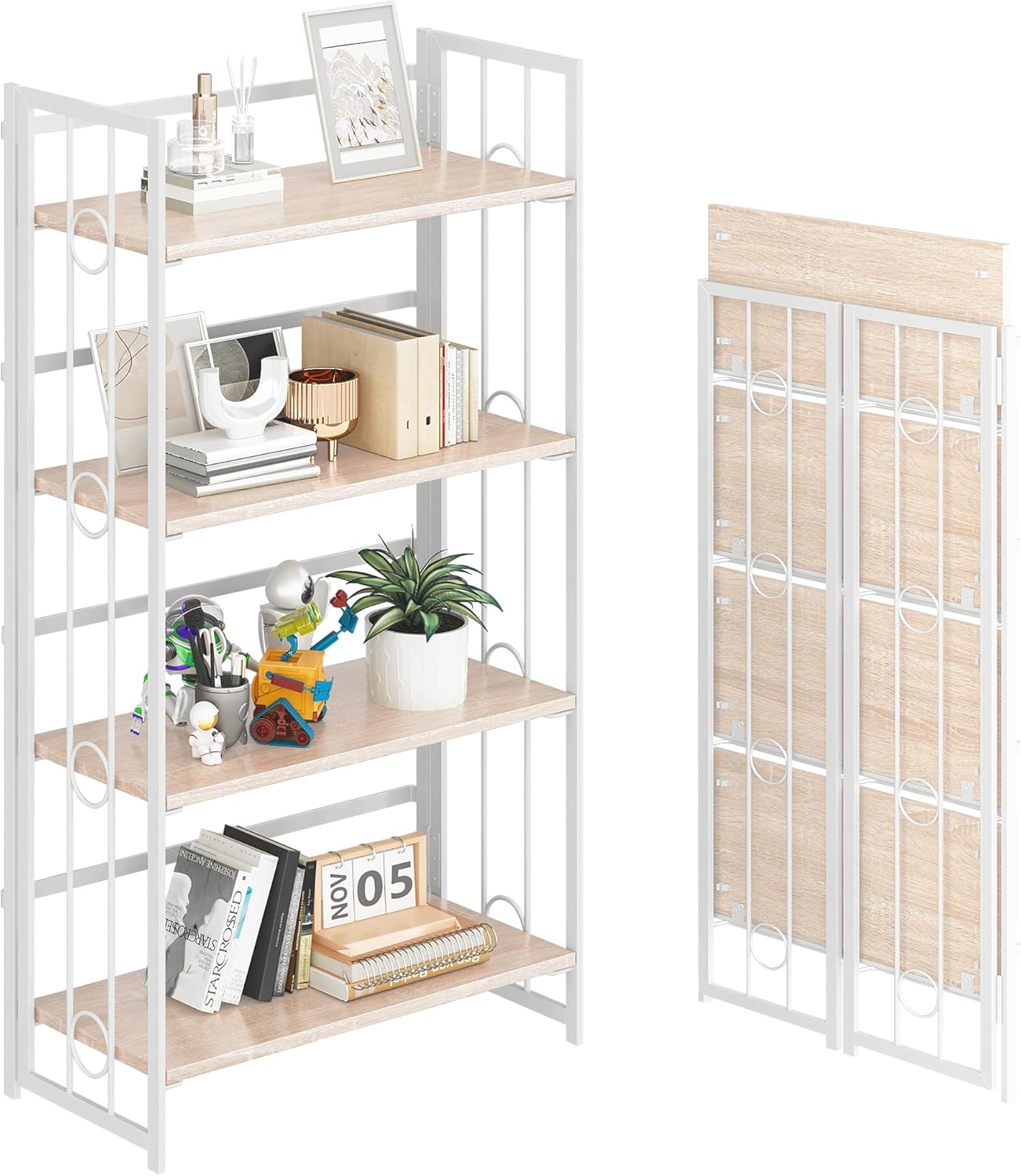 4NM No Assembly 4 Tiers Folding Bookshelf for Home Office