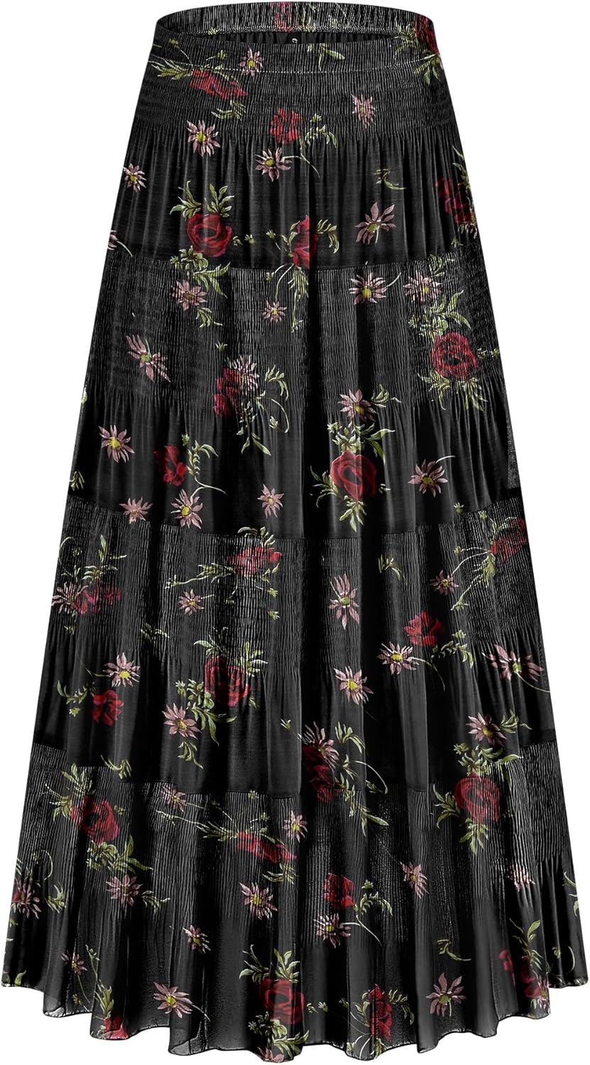 Chiffon Elastic High Waist Tiered Floral A-Line Maxi Skirt