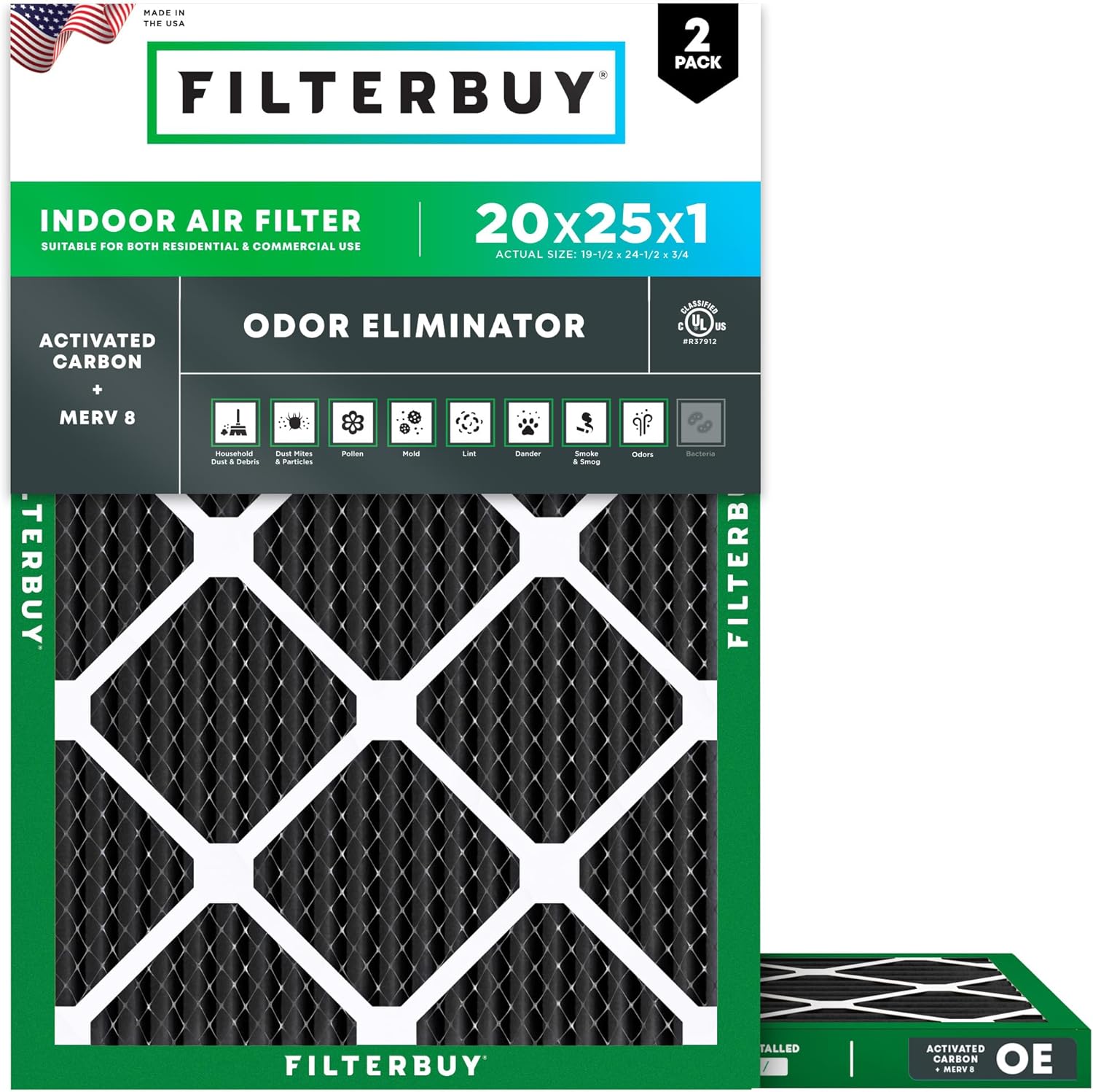 Filterbuy 20x25x1 Air Filter MERV 8 for Odor Defense & Allergies