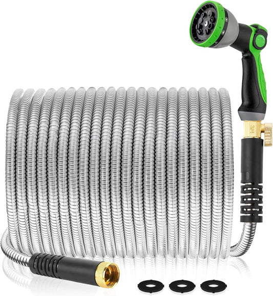 Durable 200Ft Metal Garden Hose with 10 Function Nozzle