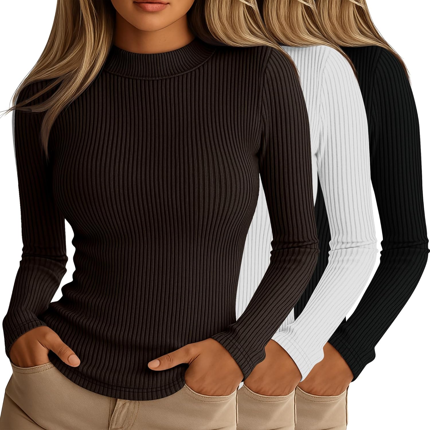 Riyiper Women's Ribbed Mock Turtleneck Long Sleeve Tops