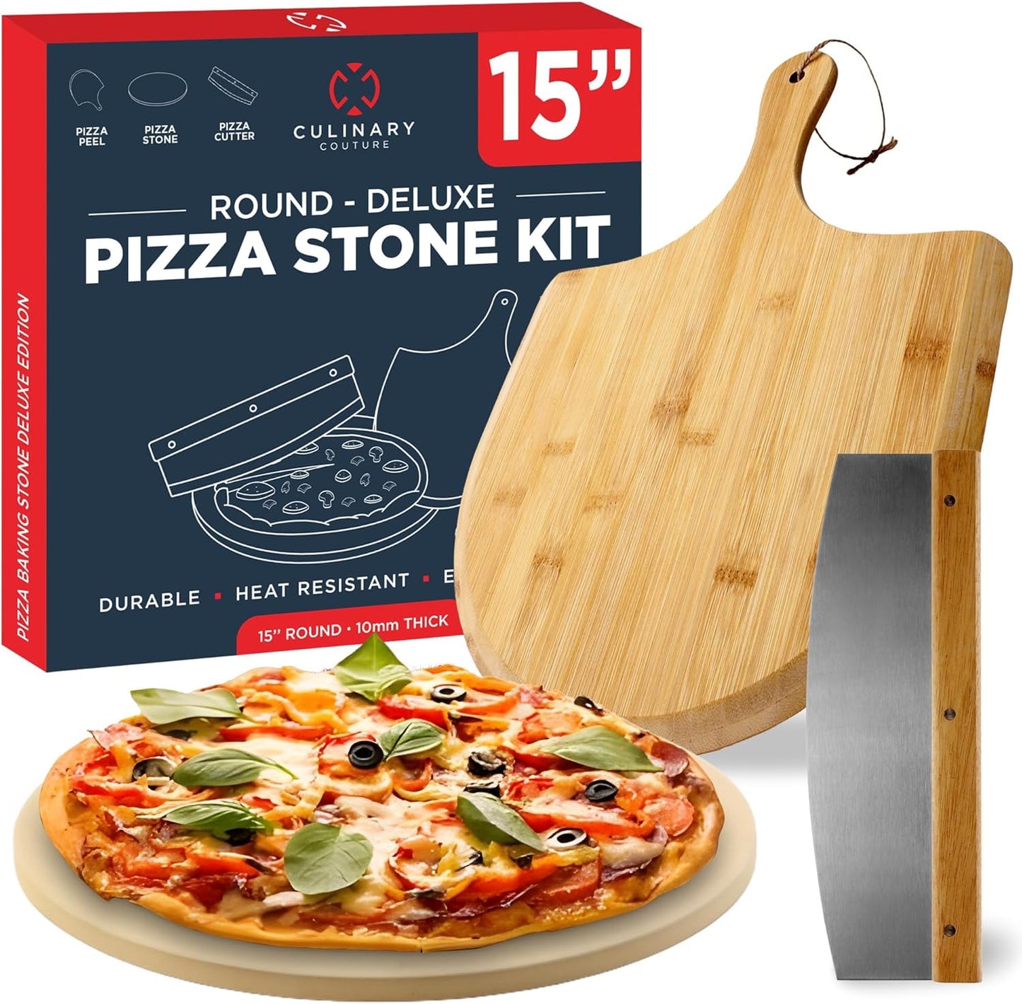 3PCS Round Pizza Stone Set for Oven with Peel and Cutter