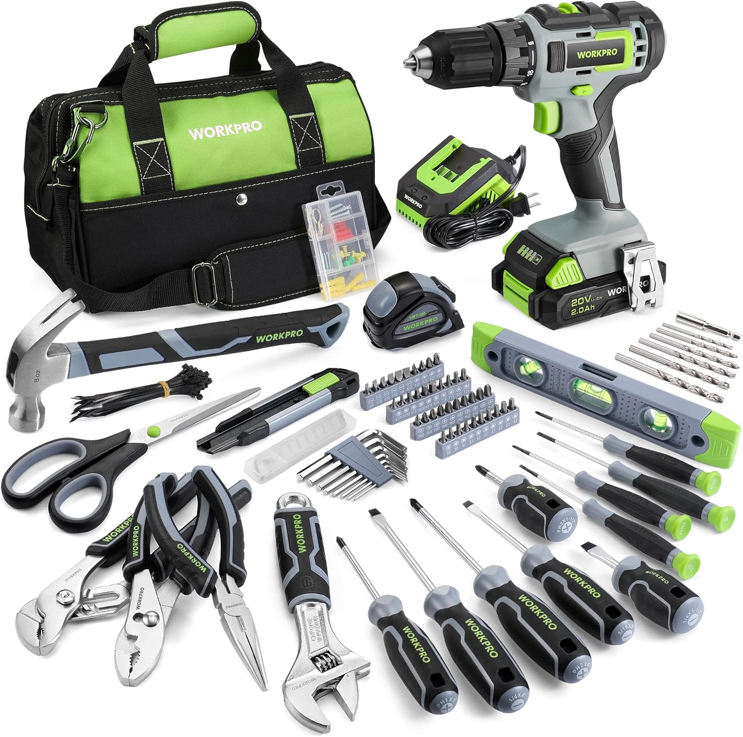 WORKPRO Home Tool Set with 20V Cordless Drill Driver for Repairs