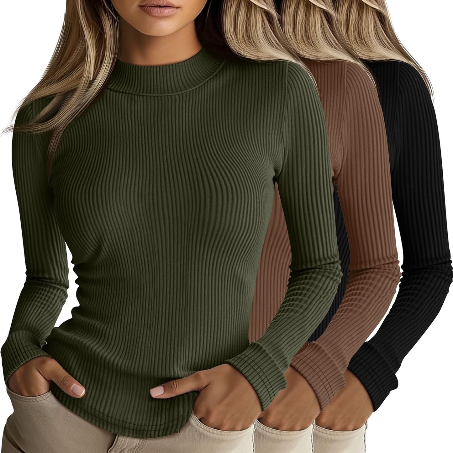 Riyiper Women's Ribbed Mock Turtleneck Long Sleeve Tops