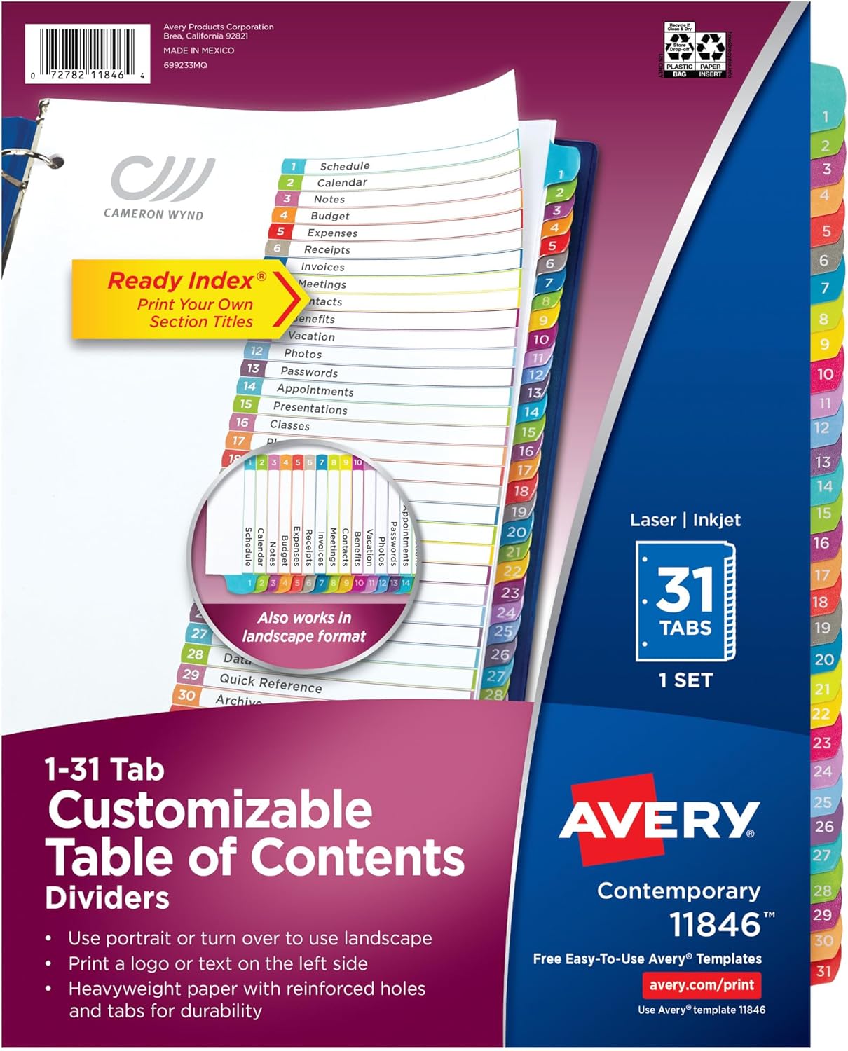 Avery 1-31 Tab Dividers for 3 Ring Binders with Customizable Tabs