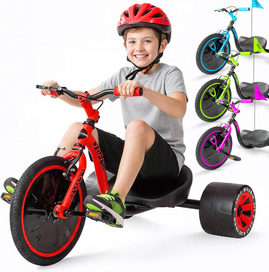 Drift Trike for Kids Ages 5+ with Adjustable Seat and Safety Flag