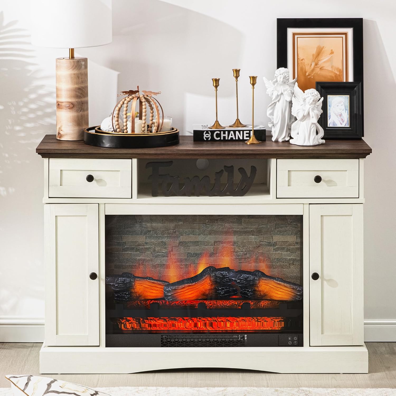 Rustic Oak TV Stand w/ Electric Fireplace - Fits 55'' TVs