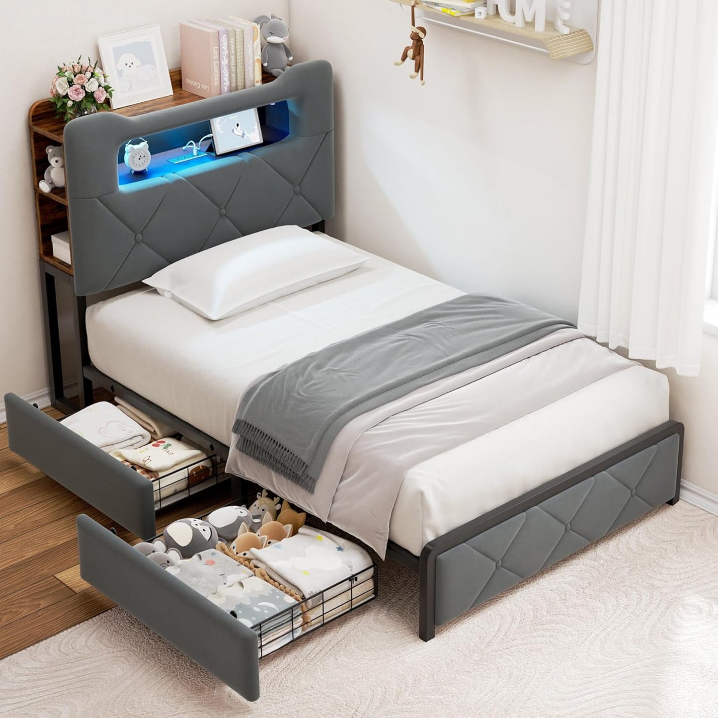Twin Upholstered LED Bed Frame with Storage for Kids and Teens