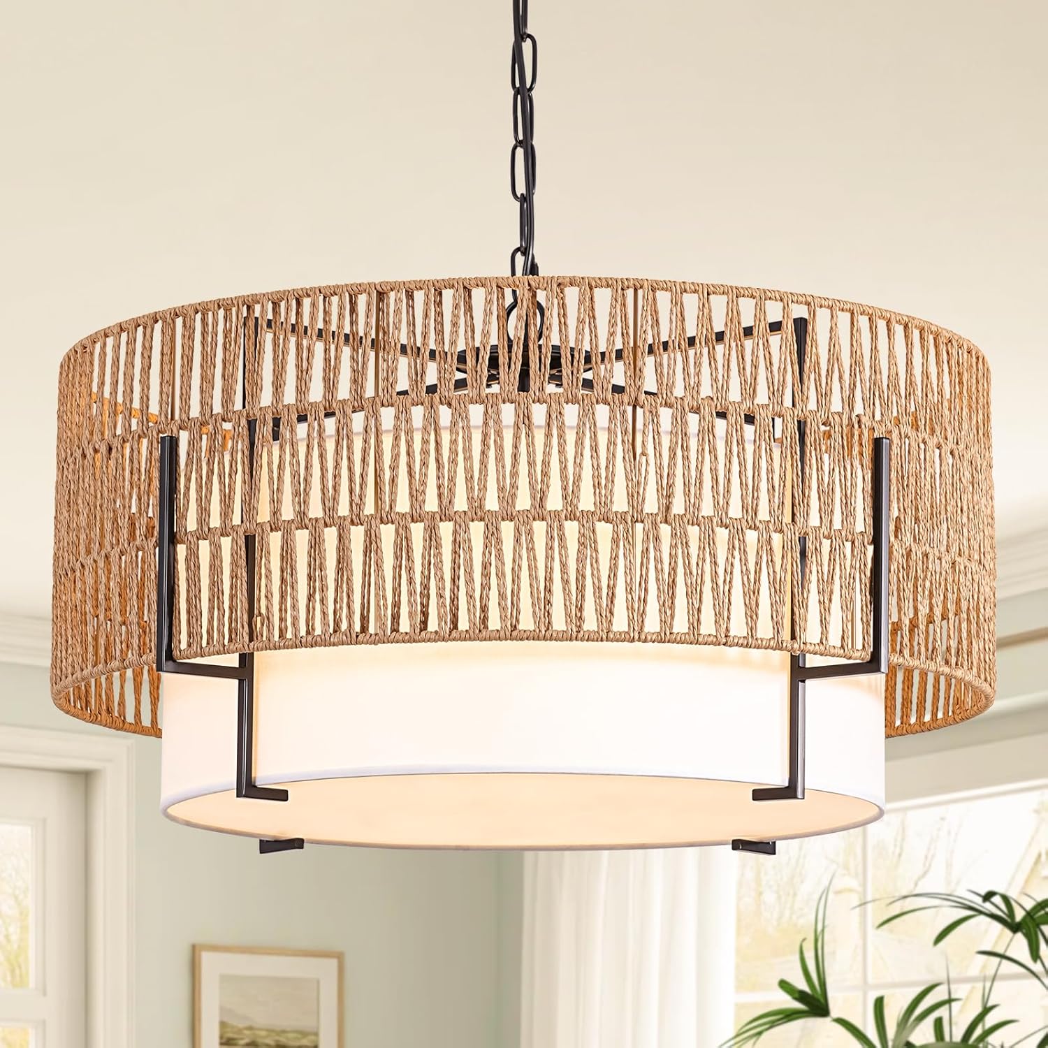 6-Light Large Rattan Chandelier for Boho Farmhouse Decor