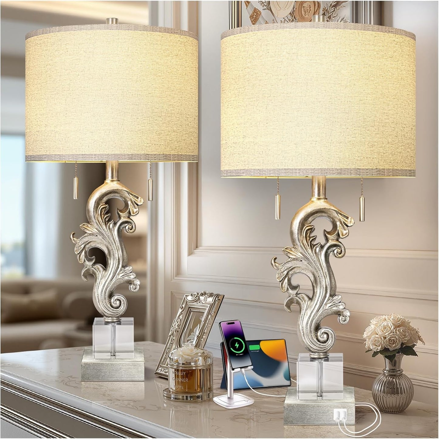 Vintage Table Lamp Set of 2 with USB Ports for Home Decor