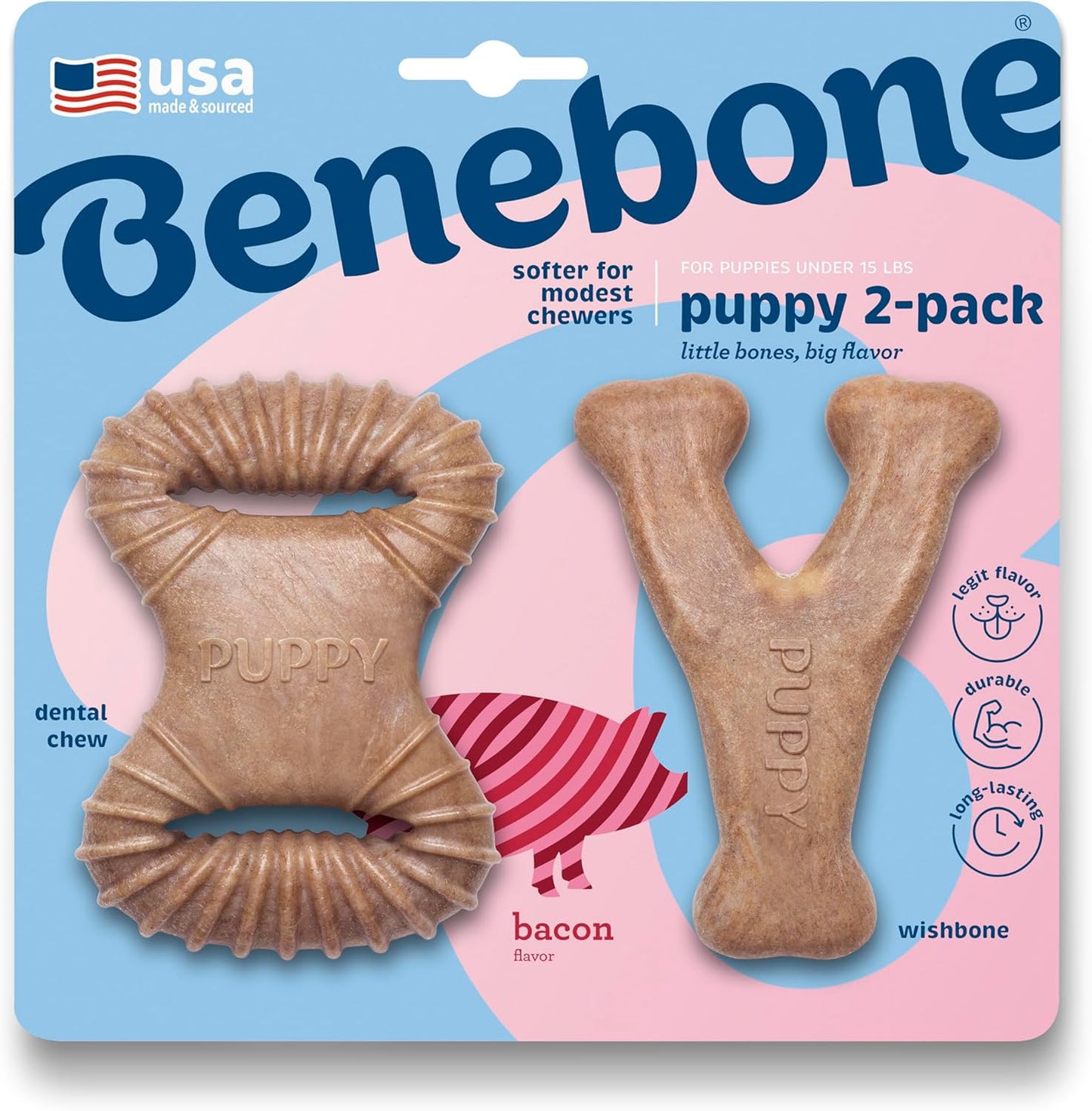 Benebone Puppy 2-Pack: USA-Made Bacon Flavor Chew Toys