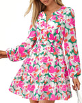 BTFBM Fall Floral Mini Dress - Flowy V Neck with Elastic Waist
