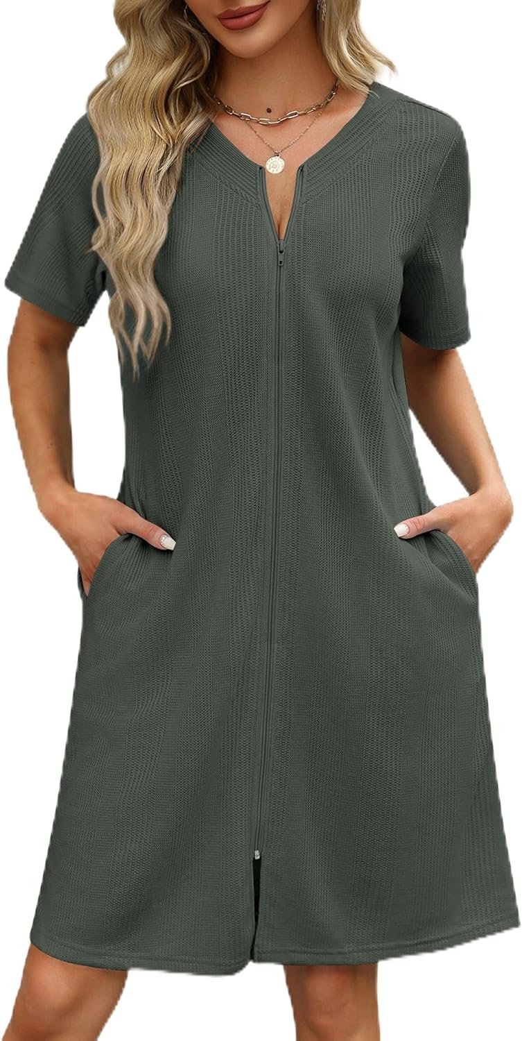 Ekouaer Women Zipper Robes Waffle Short Bathrobe with Pockets