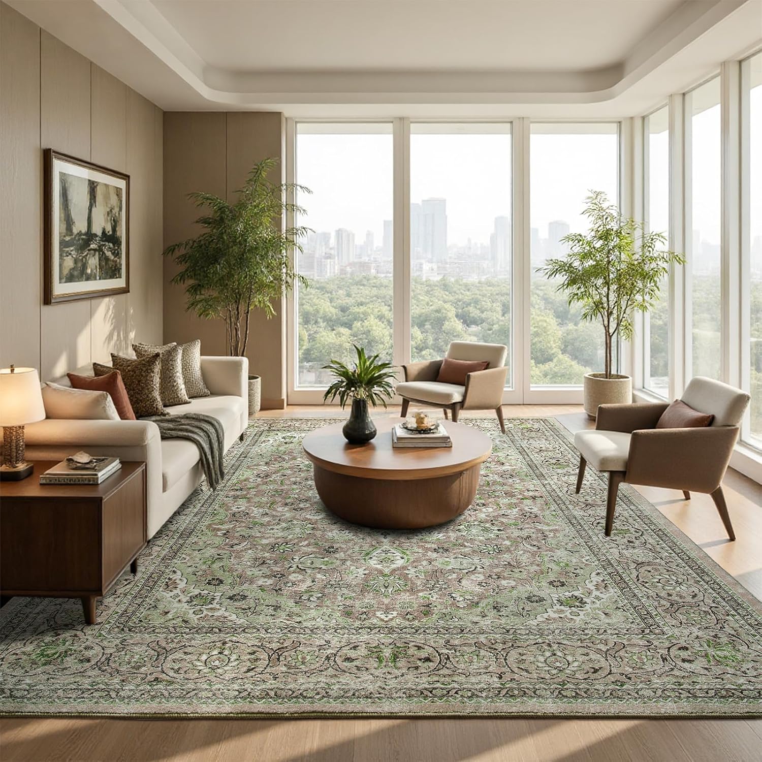 Sage Green Washable Area Rug 6x9 for Living Room and More