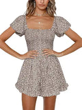 Jeanewpole1 Womens Floral Square Neck Smocked Romper for Summer