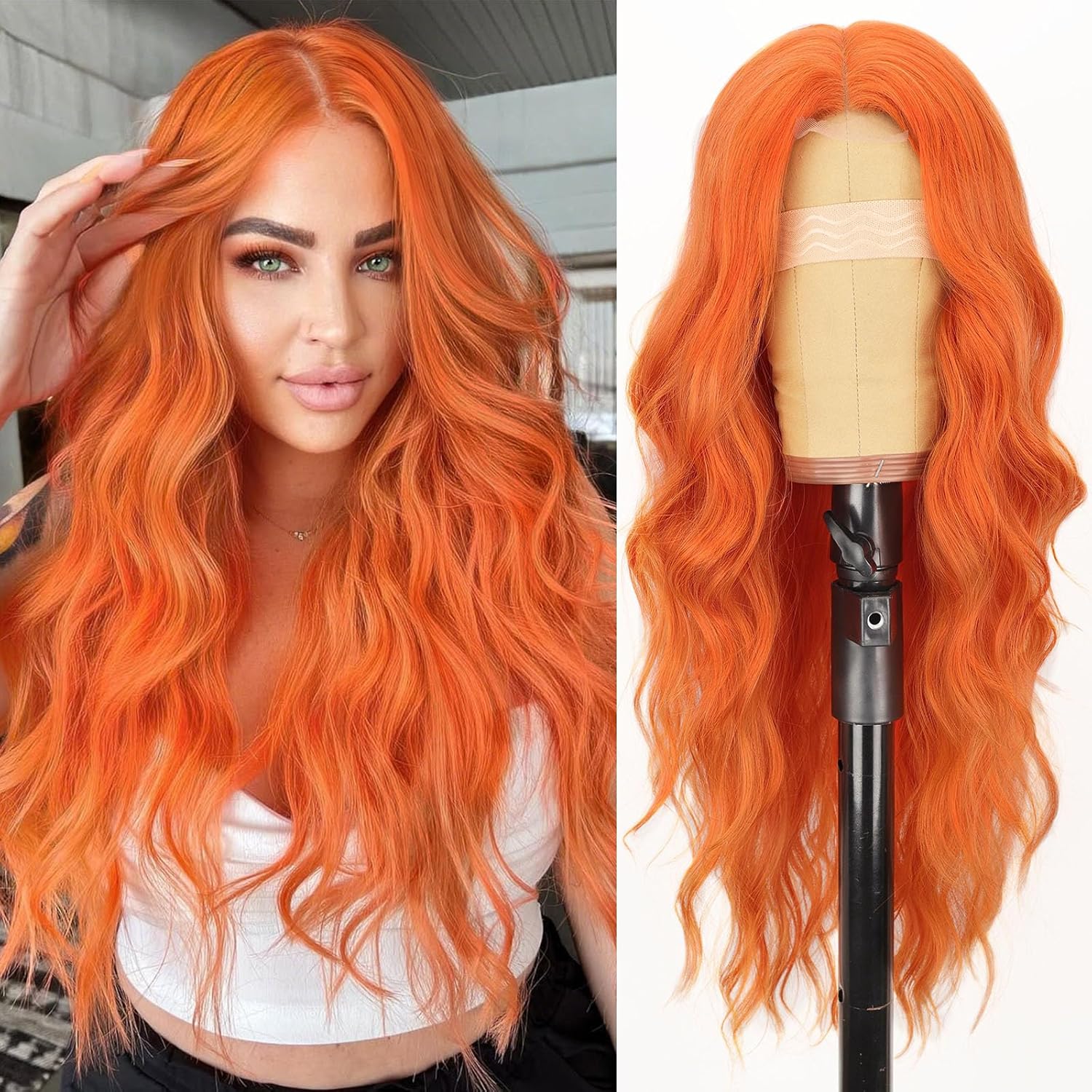 Long Orange Wig for Women - Wavy Lace Hairline Synthetic Style