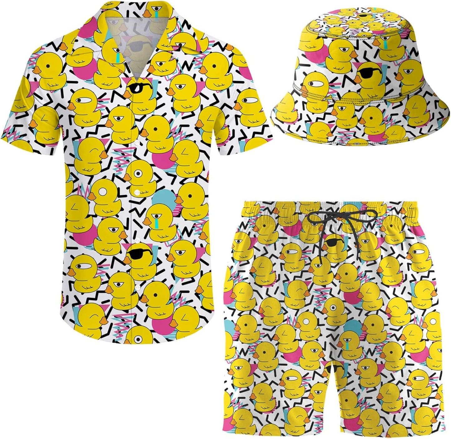 Men's Hawaiian Shirt and Shorts Set with Bucket Hat for Summer