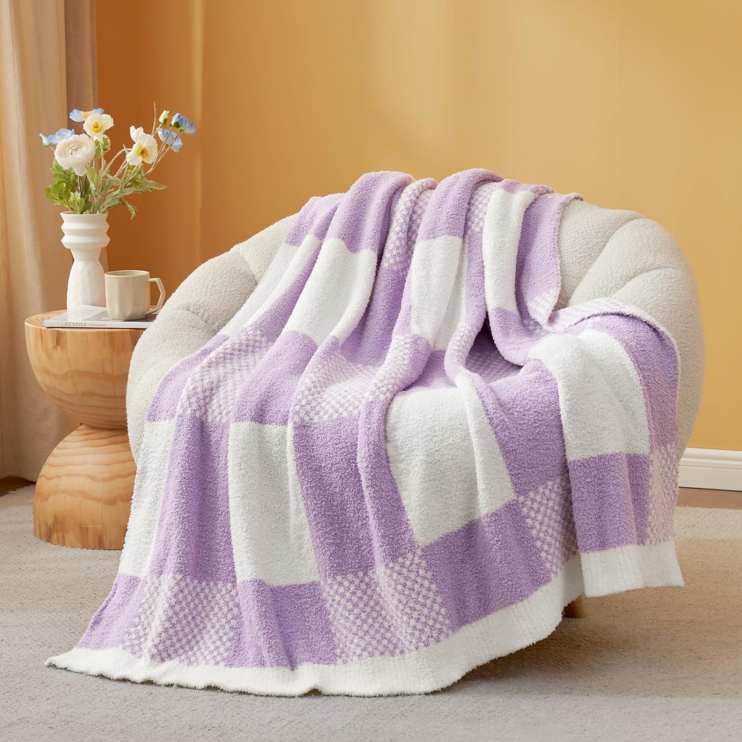 Snuggle Sac Checkered Blanket for Couch, Soft Cozy Throw