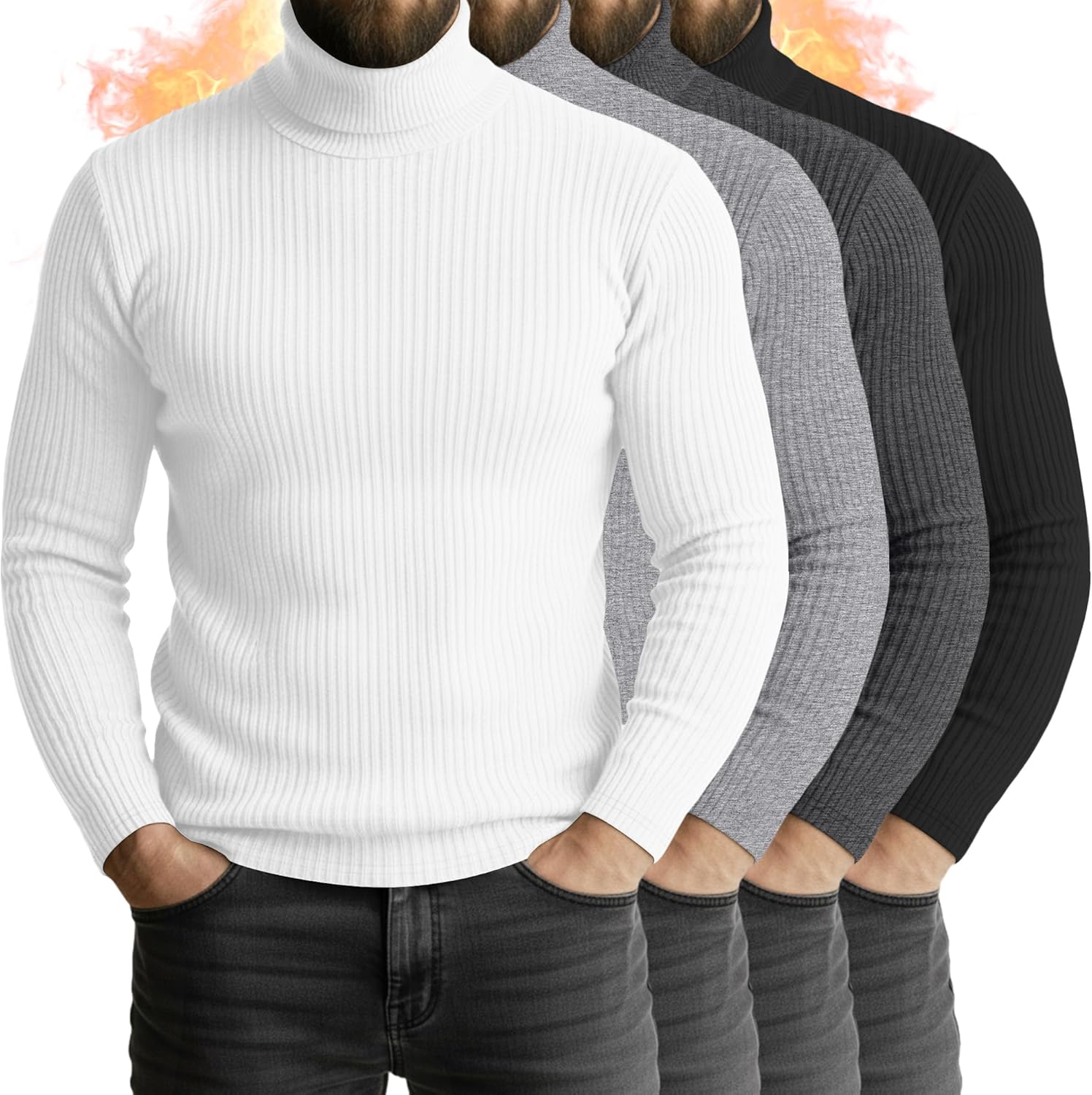 4 Pack Men's Turtleneck Long Sleeve Shirts for Casual Wear