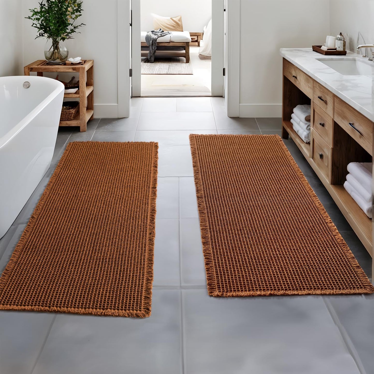 MIULEE Set of 2 Terracotta Waffle Bathroom Runner Rugs
