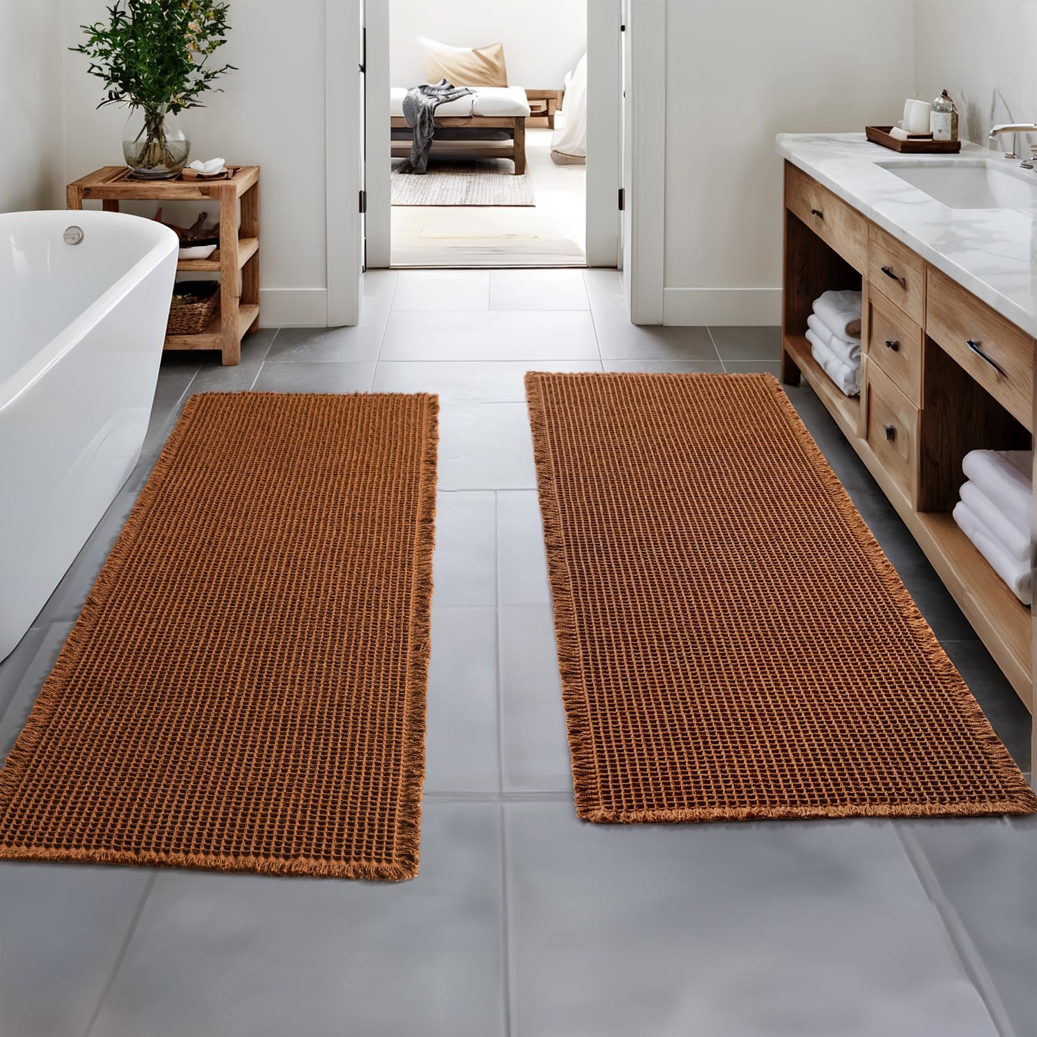 MIULEE Set of 2 Terracotta Waffle Bathroom Runner Rugs