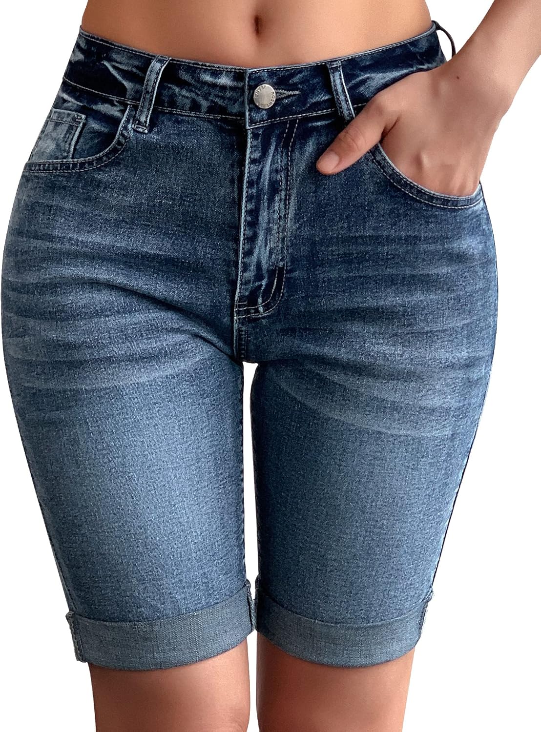 Roswear Womens Mid Rise Roll Cuff Bermuda Stretch Denim Shorts