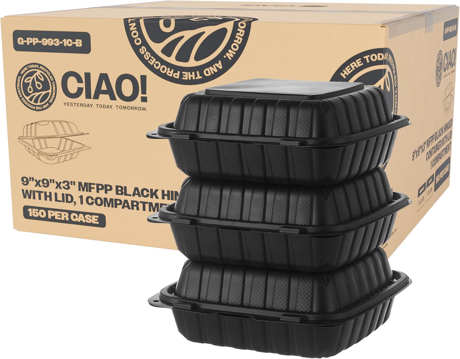 CIAO! 9x9x3 MFPP Black Hinged Container for Takeout Needs