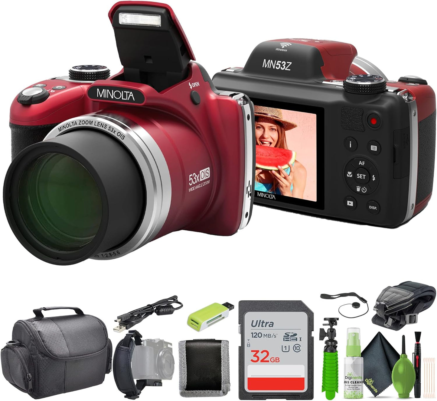 Minolta MN53Z 16 MP Bridge Camera with 53x Optical Zoom Bundle