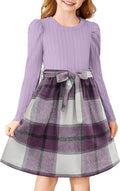 Girls Plaid Patchwork Puff Sleeve Dress - Belted Holiday Dress