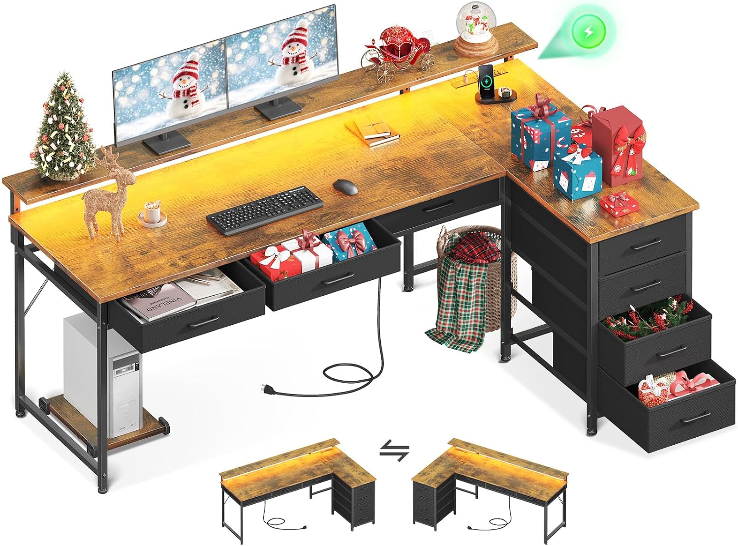 Vintage L-Shaped Gaming Desk with LED Light & 7 Drawers
