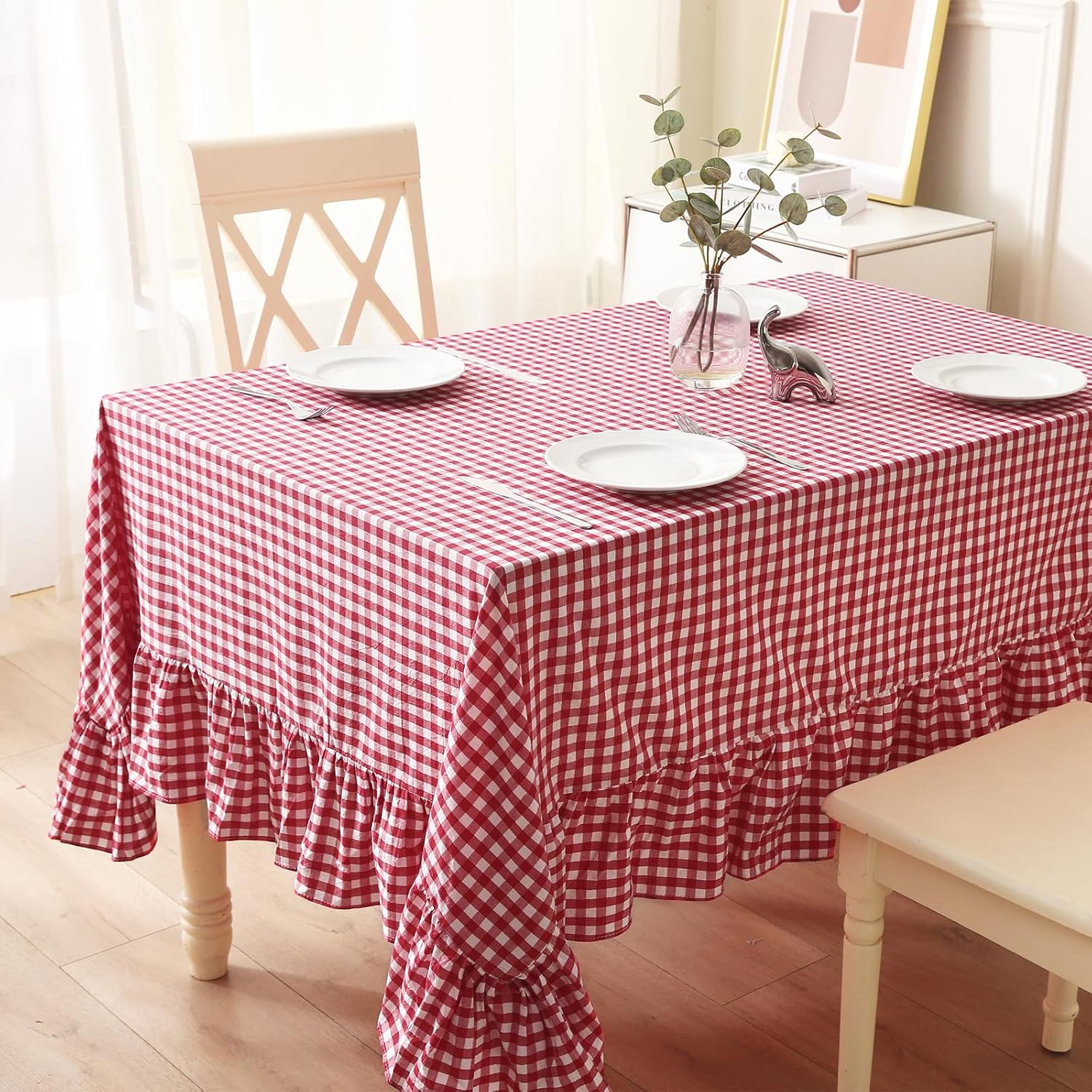 Red White Plaid Ruffled Table Cloth for 8-10 Seats, 120x60