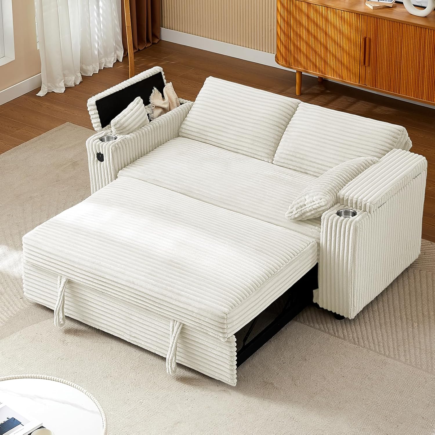 68.11 Corduroy Sleeper Chair Bed with USB Port and Storage
