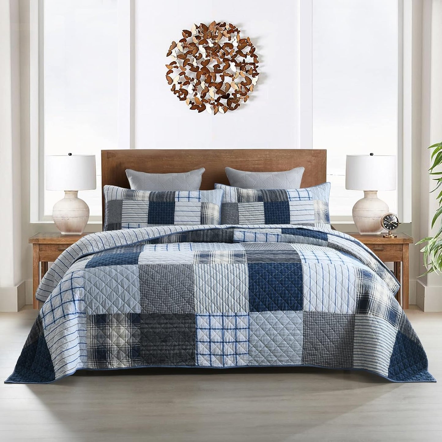 Yvooxny Queen Quilt Set Bedspread Reversible Plaid Grid Design