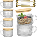 14oz Vintage Glass Coffee Mugs 6 Pack - Bamboo Lids & Spoons