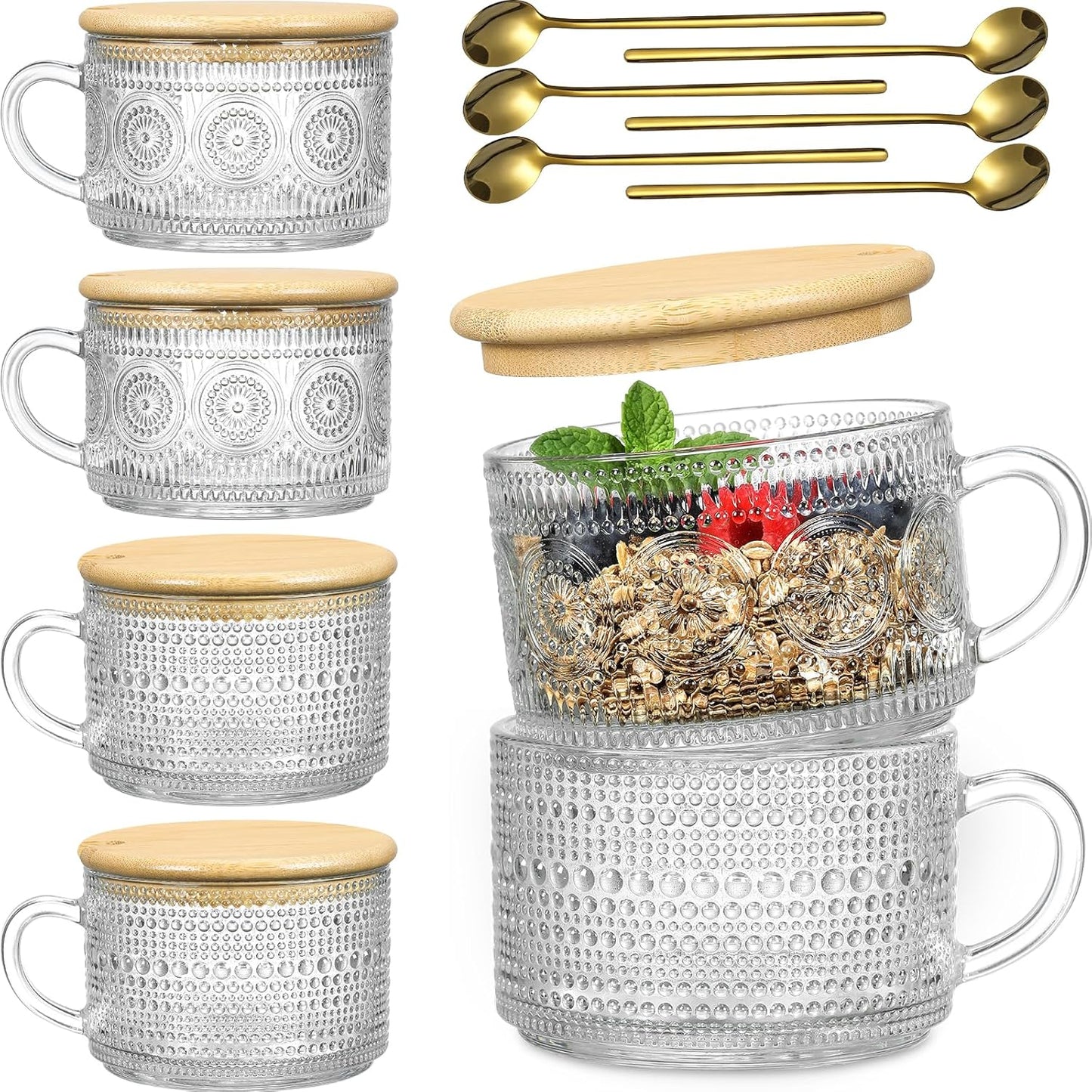 Vintage Glass Coffee Mugs Set with Bamboo Lids and Spoons