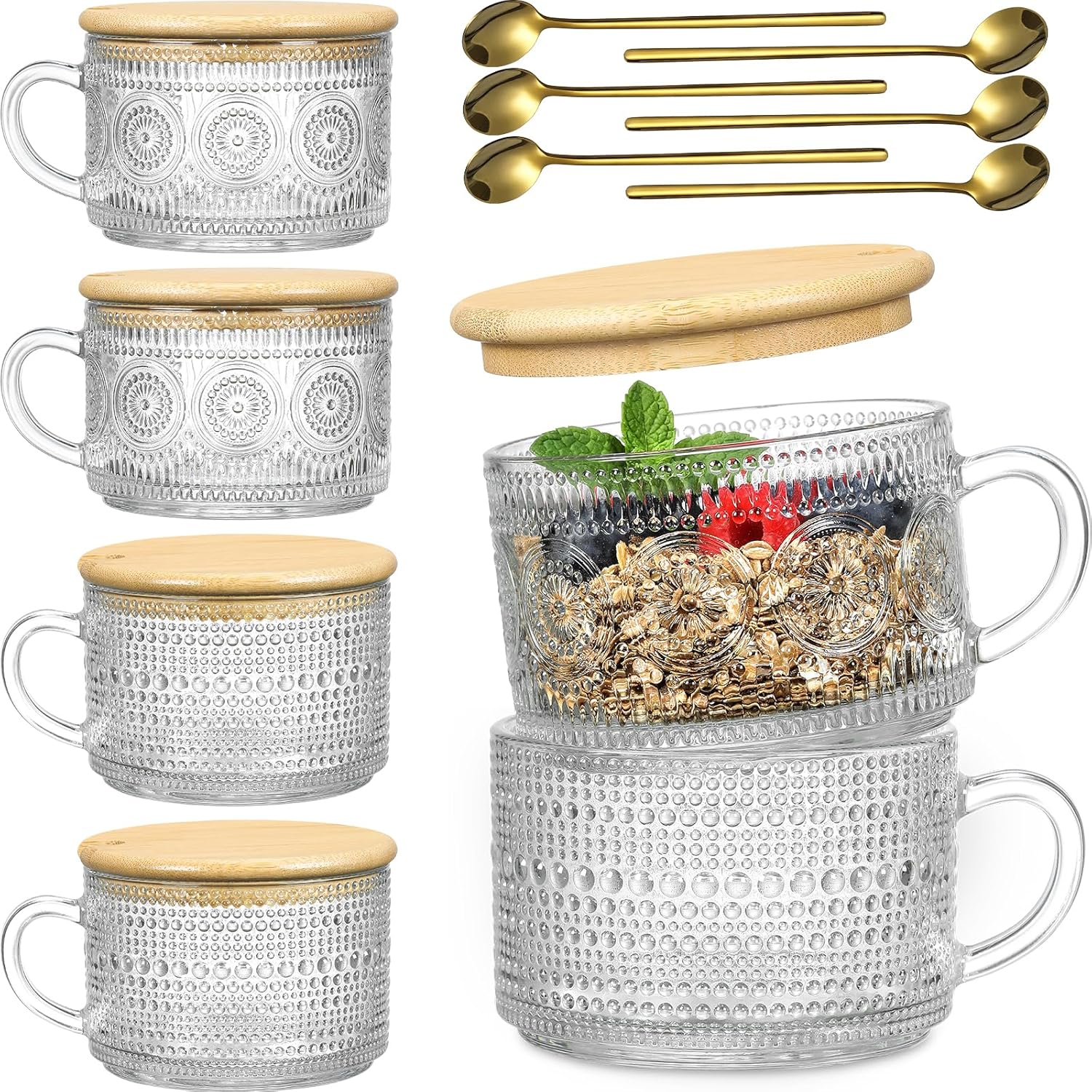 Vintage Glass Coffee Mugs Set with Bamboo Lids and Spoons