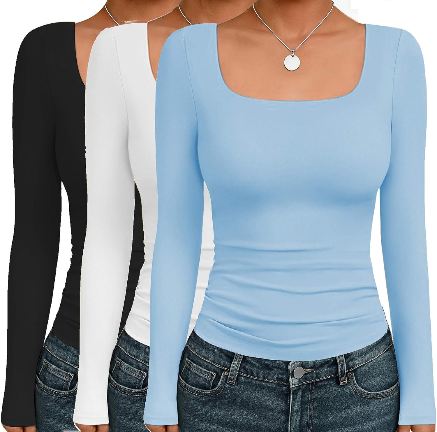 Ekouaer Womens Long Sleeve Square Neck Thermal Shirts 3 Pack
