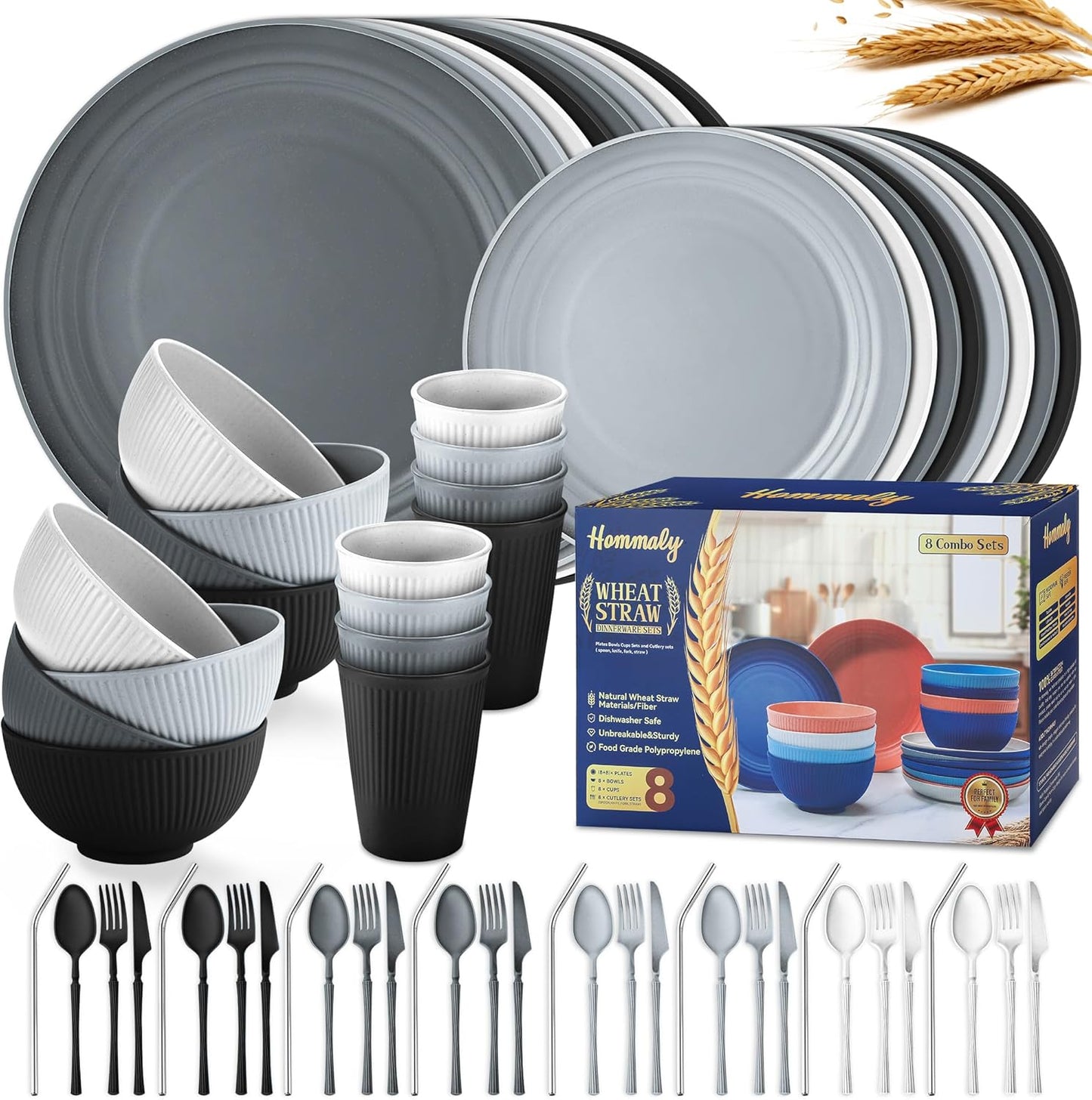 Wheat Straw Dinnerware Sets - 64-Piece Unbreakable Dish Set