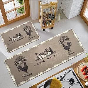 Farmhouse Rooster Kitchen Rugs Set with Buffalo Plaid Design
