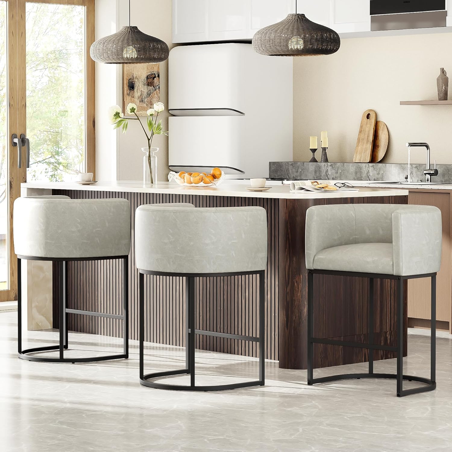 Modern Barrel Counter Height Bar Stools Set of 3 for Kitchen