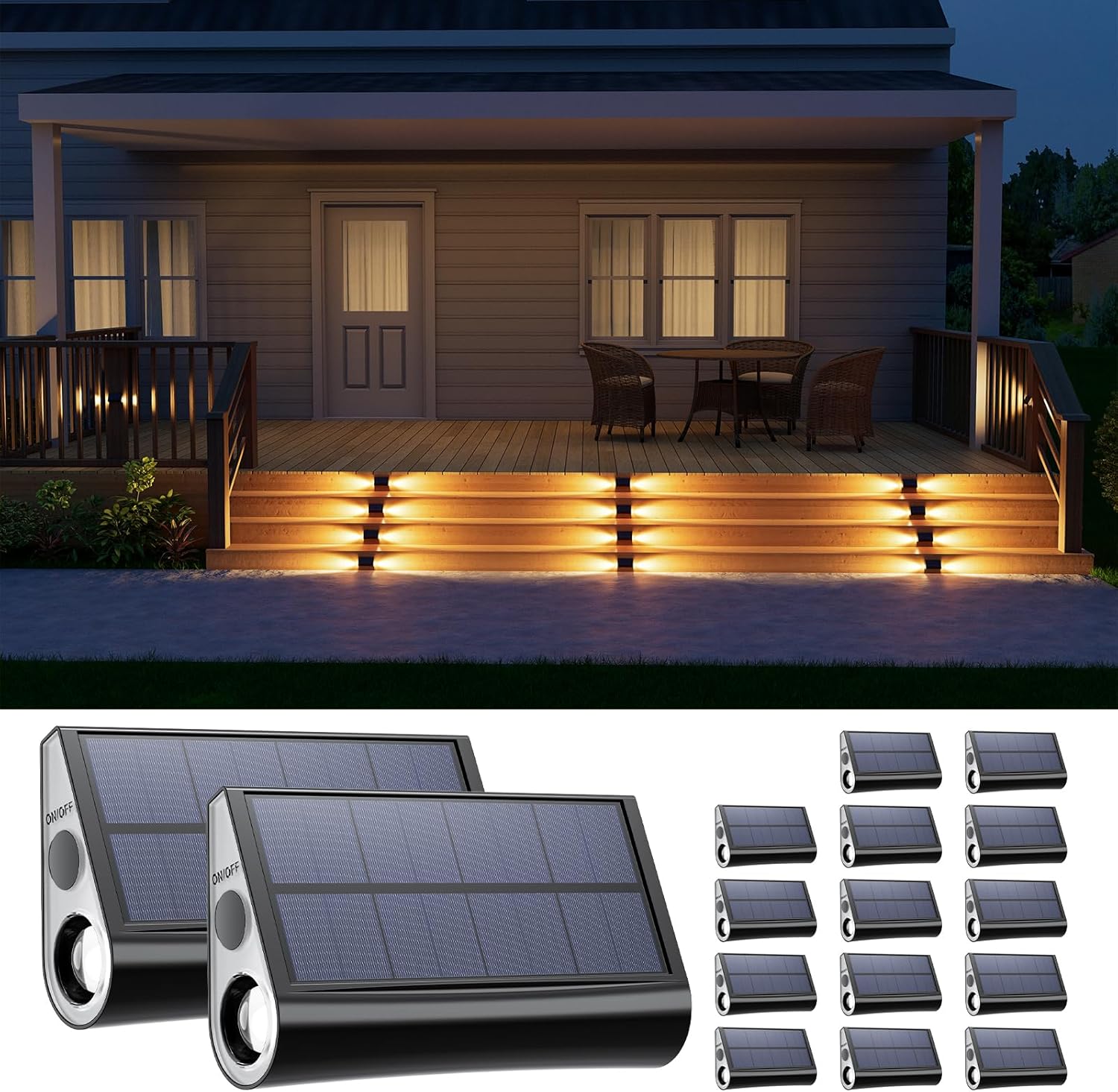 16 Pack Warm White Solar Powered Stair Lights for Outdoor Safety