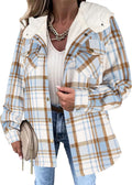 Womens Plaid Shacket Jacket Long Sleeve Fleece Hooded - Warm Fit