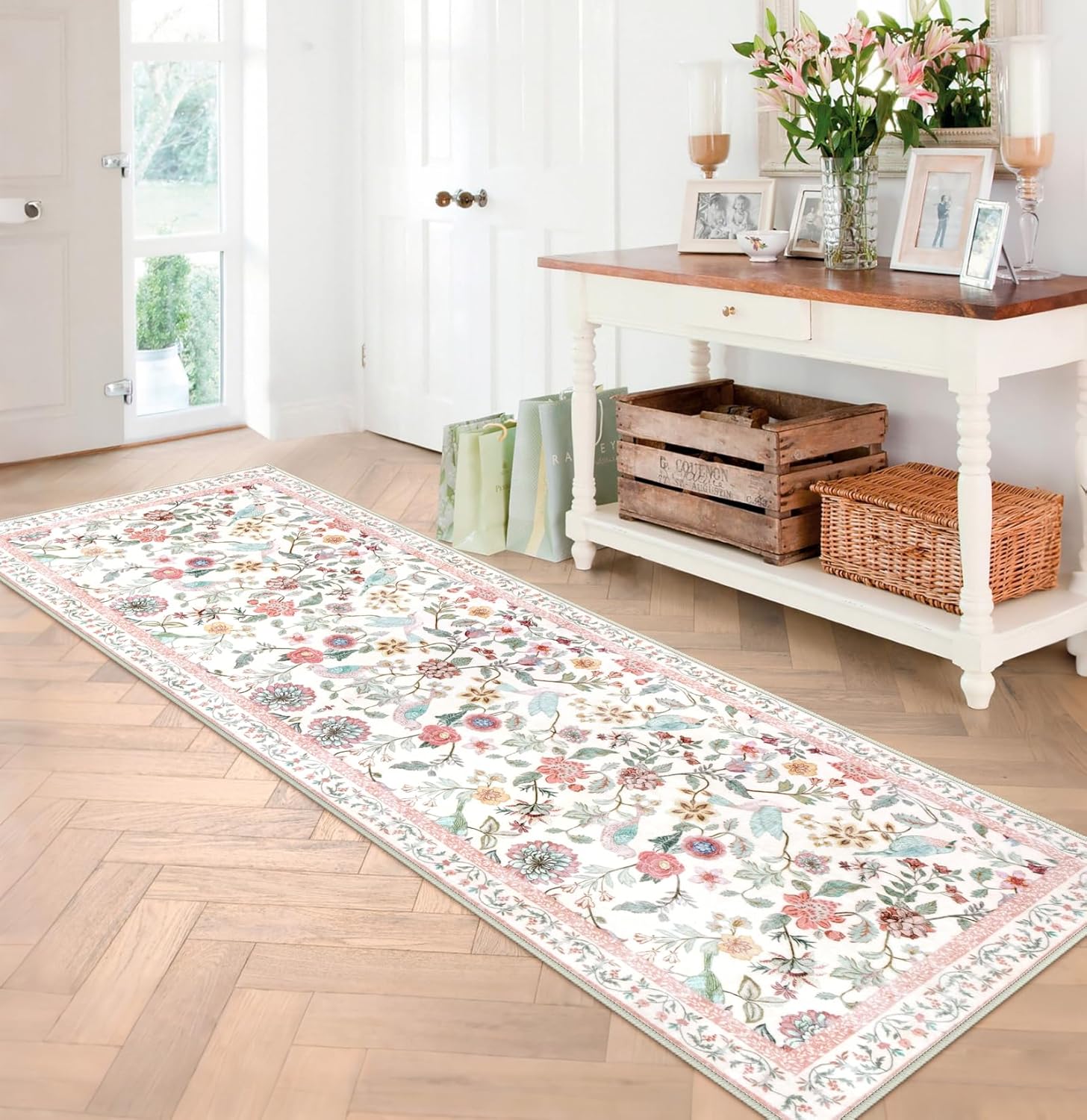 Floral Washable Runner Rug, Soft Low Pile Pink Rug for Hallways